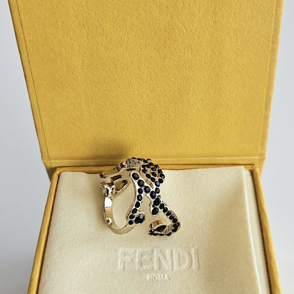 New Unused Fendi Gold Colored Black Cubic Zirconia Ring - Size 6.5 - Picture 7 of 7